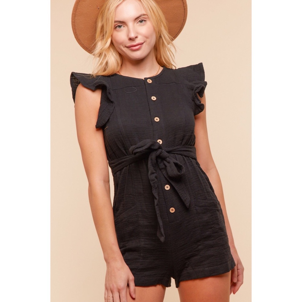 Black Entro Button-Up Romper with Pockets